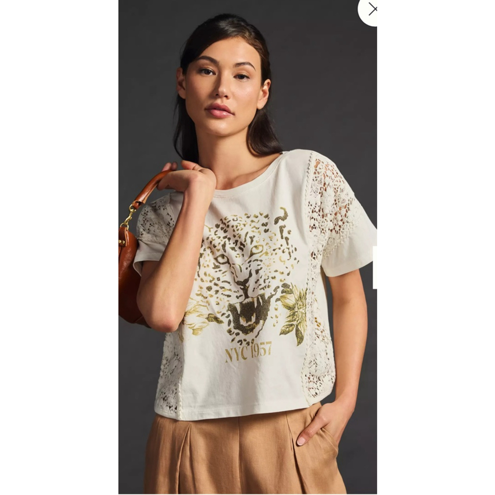 Anthropologie‎ Pilcro Tiger floral lace graphic tee top Small